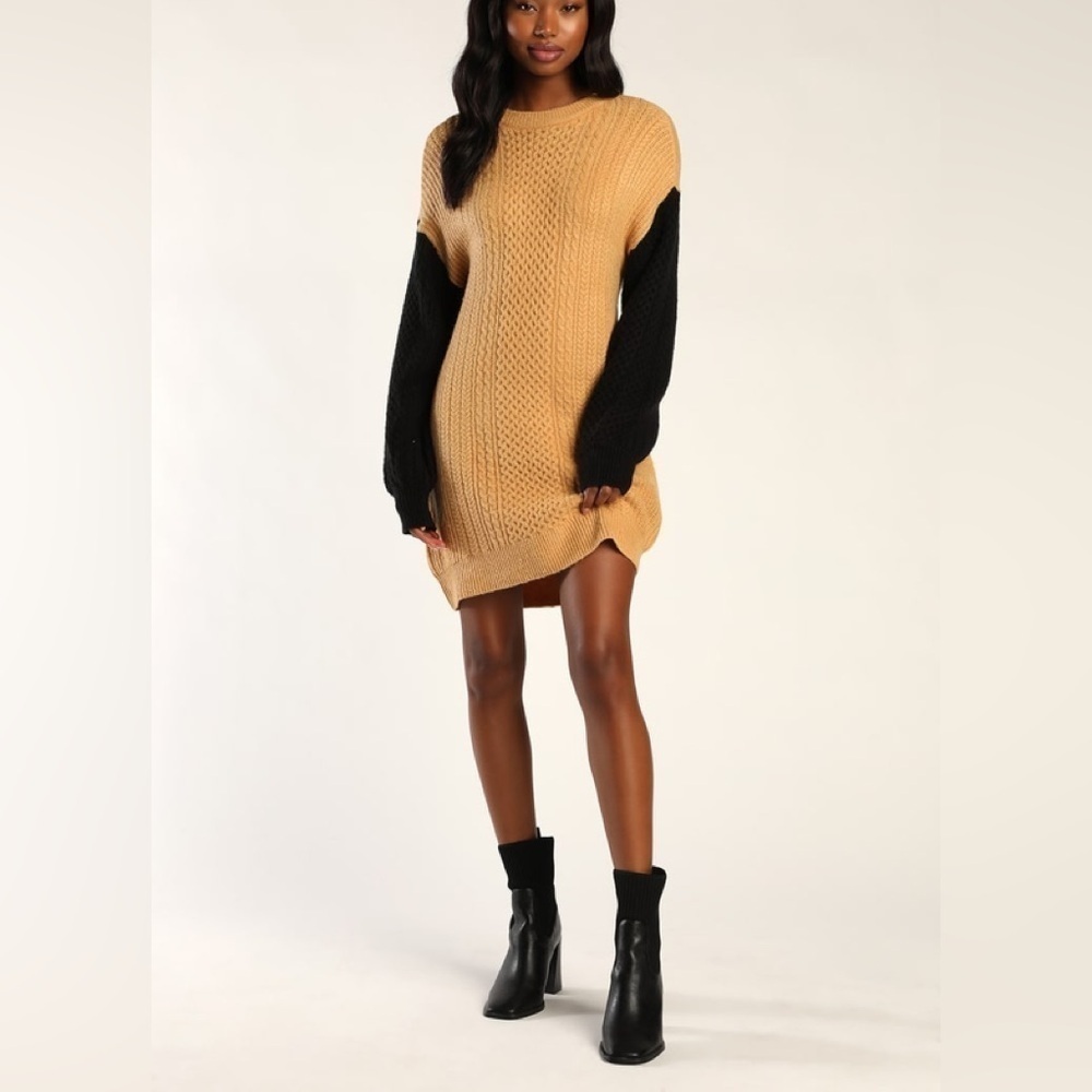 Lulus Falling for Fall Beige Black Color Block Sweater Dress M Cable Knit Cozy